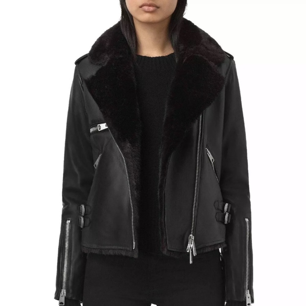 ALL SAINTS Lamb Leather Faux Fur Biker Jacket